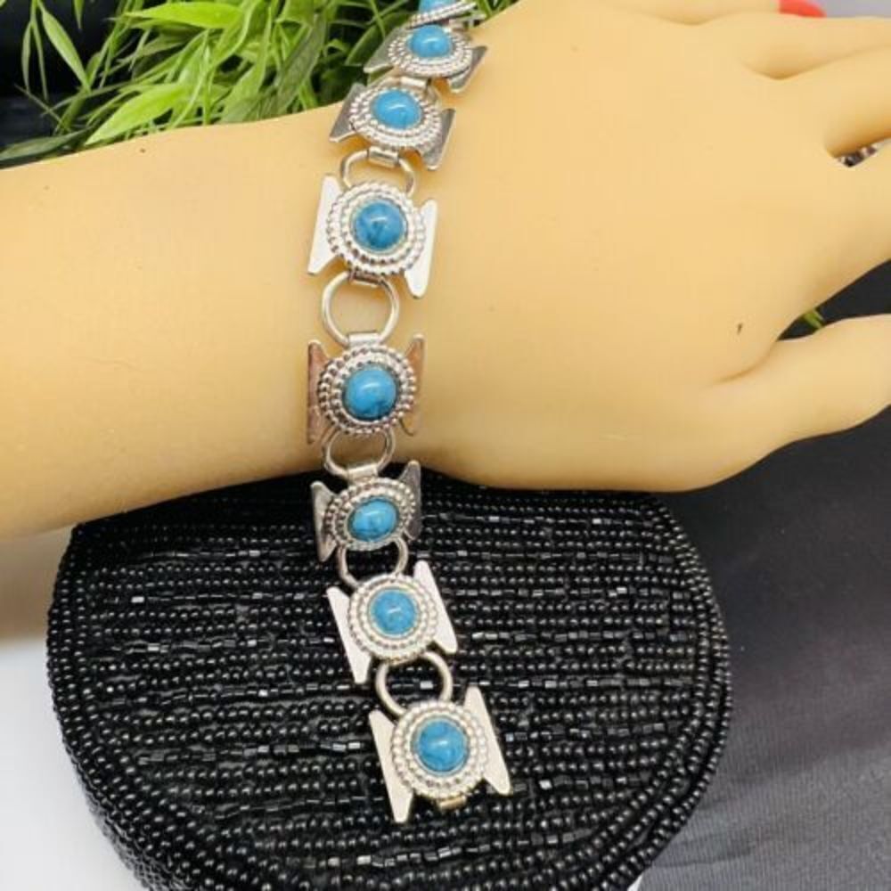 Vintage Silver Tone Faux Turqoise Link Bracelet VERY CUTE  4247